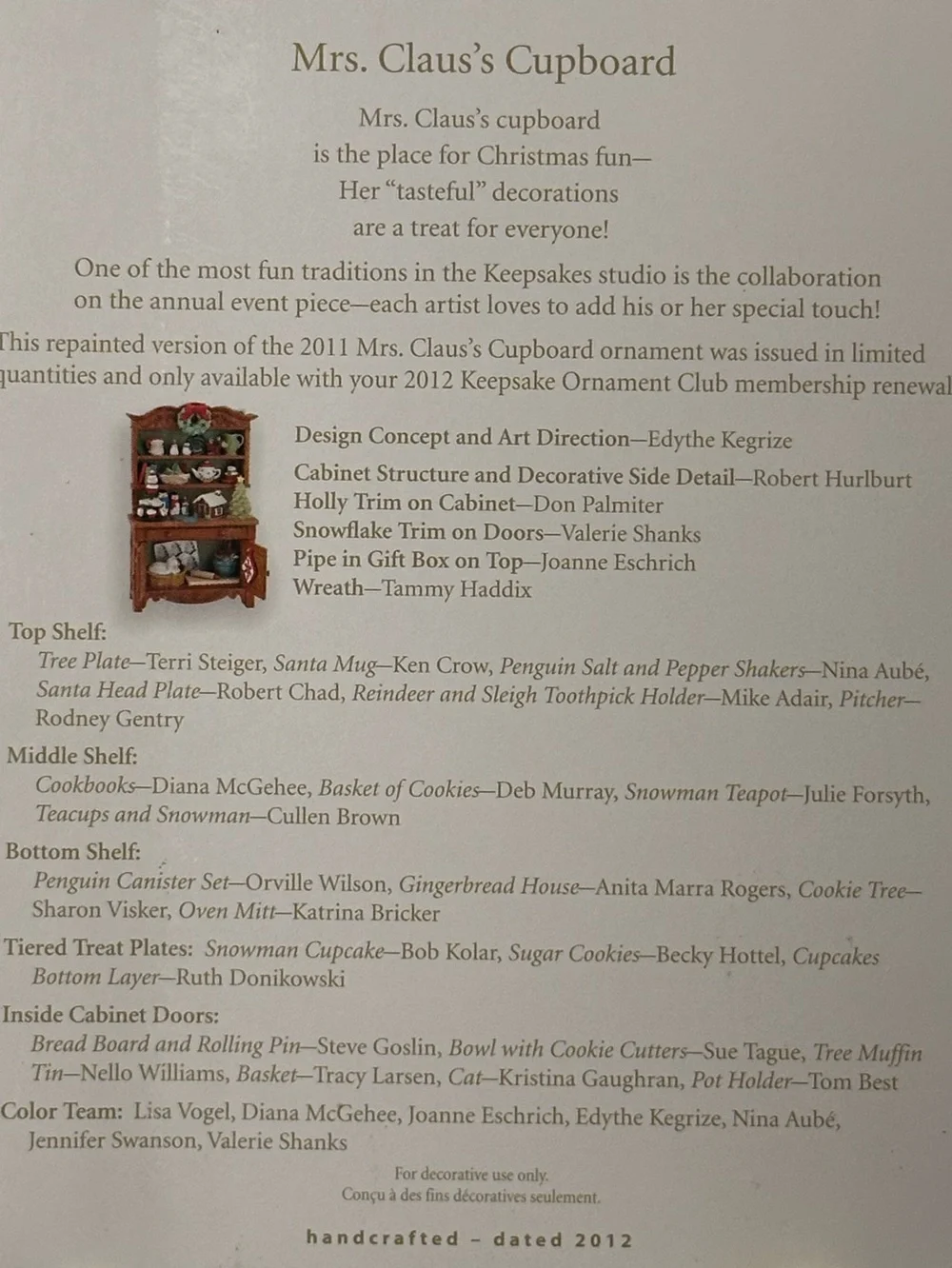2012 Hallmark Mrs. Claus’s Cupboard Repaint KOC Club Exclusive Ornament